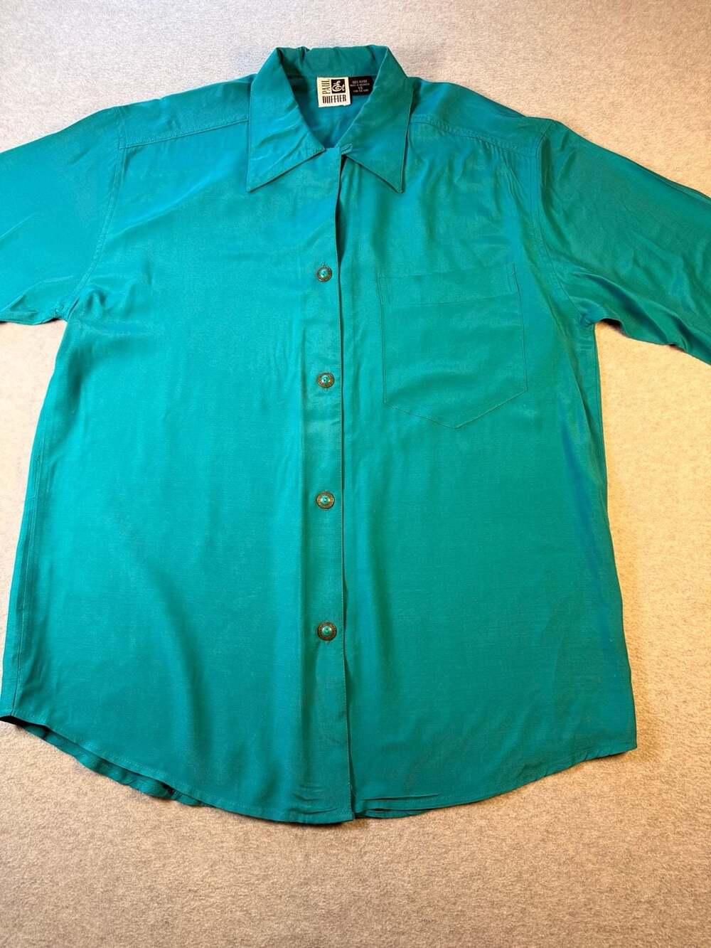 Paul Et Duffier Vintage Teal Green Button Shirt w/Ornate Turquoise Sz XS
